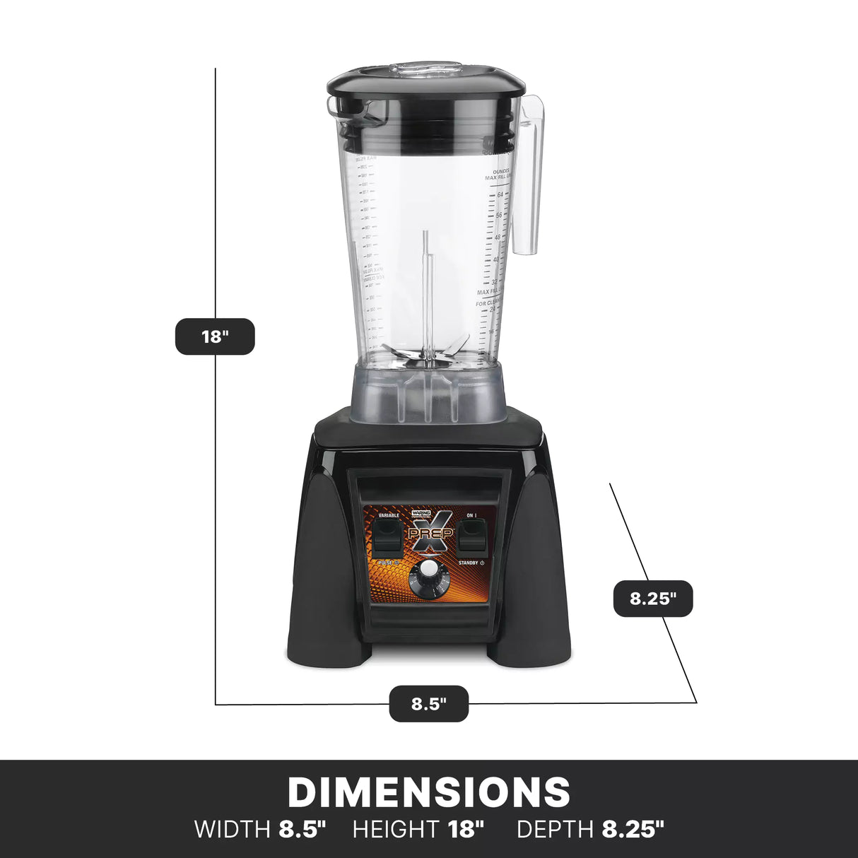 An Xtreme Series Blender with a 3.5 HP motor is shown, featuring a 2 liter copolyester container and black base. Its metallic front panel houses control buttons and a dial. Dimensions are 18" tall, 8.5" wide, and 8.25" deep.