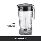 A clear 2 liter copolyester container with measurement markings, handle, and black lid sits upright on a gray base. The text labels it as part of the Xtreme Series Blender. The word FEATURES appears below.