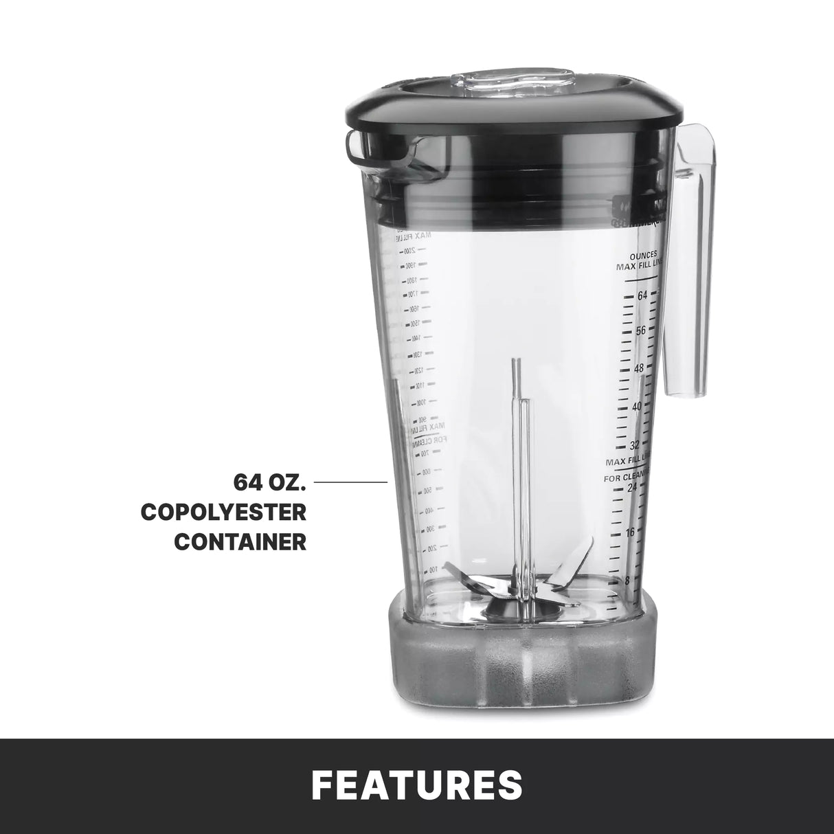 A clear 64 oz. copolyester blender container with measurement markings, a black lid, and a right-side handle is shown upright. The text reads “64 oz. copolyester container” for Xtreme Series Blender. The background is white with “FEATURES” below.