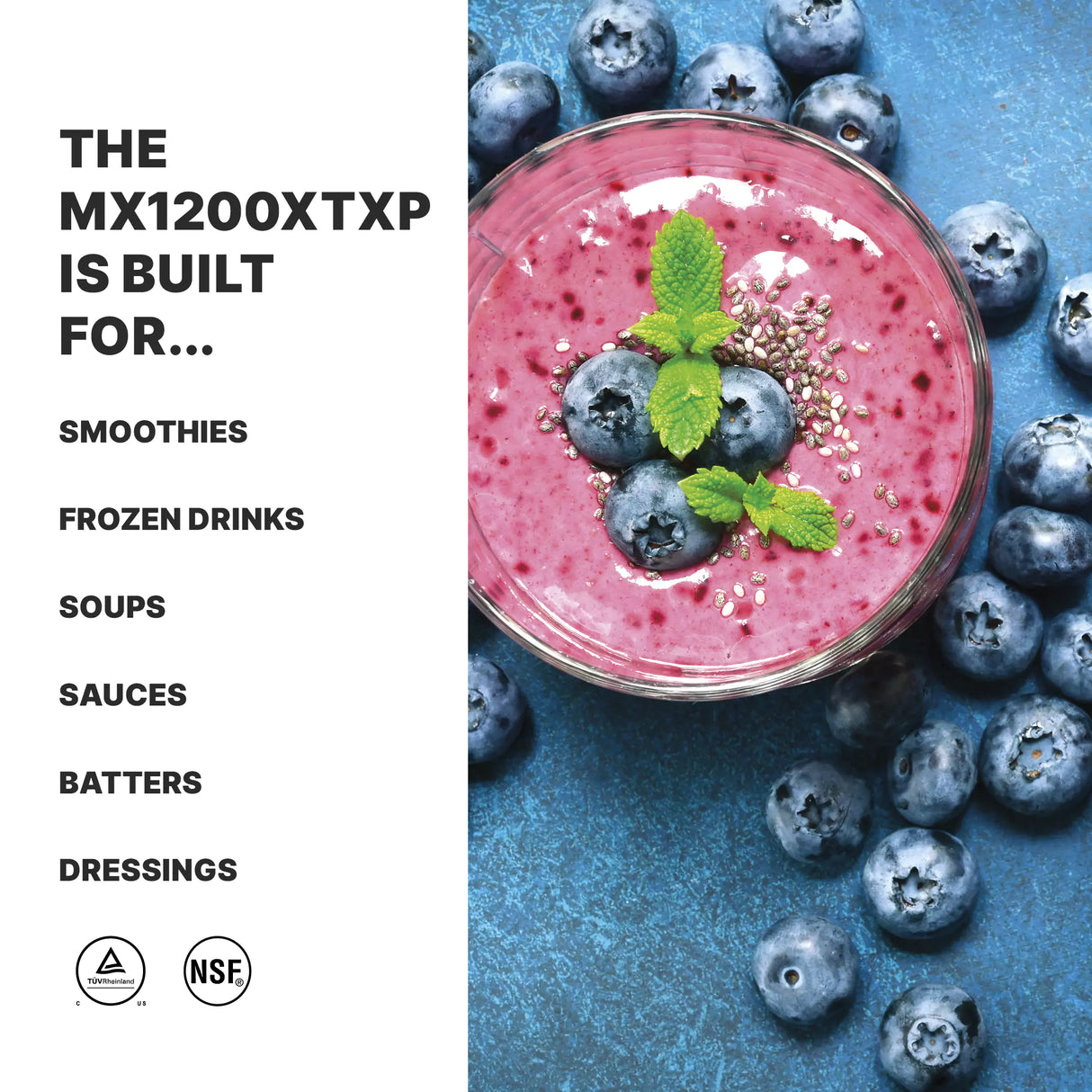 A glass bowl filled with a thick pink smoothie, made using the Xtreme Series Blender with 3.5 HP and sound enclosure, is topped with blueberries, chia seeds, and mint leaves on a blue surface. On the left, text lists smoothie blender uses and certification logos.