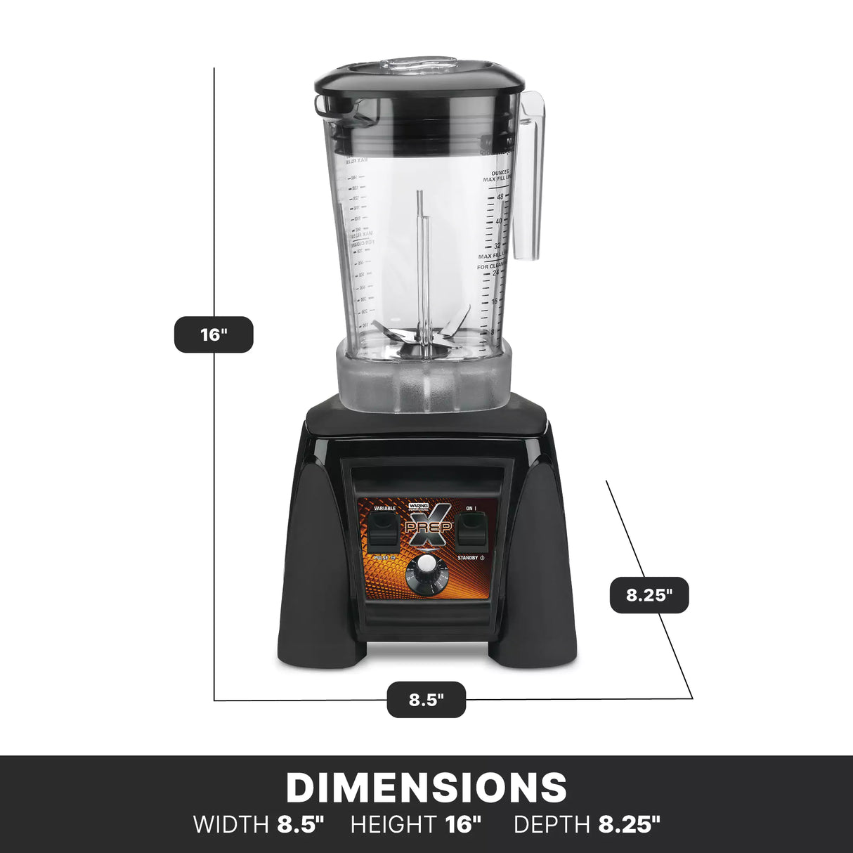 A black and clear Xtreme Series Blender with a 3.5 HP motor is shown, featuring labeled dimensions: height 16 inches, width 8.5 inches, depth 8.25 inches. The blender sits on a black base with a control panel, against a white background.