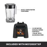 Image shows two parts of the Xtreme Series Blender: a 48 oz. clear copolyester container above, a black base with control buttons below. Text highlights “3.5 HP motor, variable speed controls + pulse, 30,000 max RPM.” Banner: Included with MX1200XTXP.