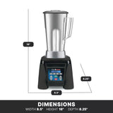 A silver Xtreme Series Blender with a handle sits on a black base featuring a programmable digital control panel. Its stainless steel container measures 18 inches tall, 8.5 inches wide, and 8.25 inches deep against a white background.