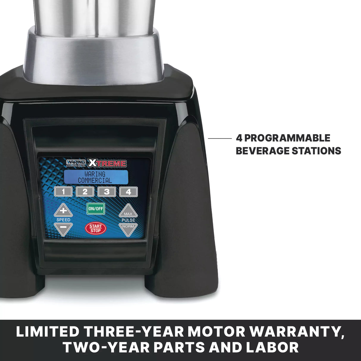 A close-up of the Xtreme Series Blender base features a programmable digital control panel with four numbered beverage stations and labeled buttons. Adjacent is “4 PROGRAMMABLE BEVERAGE STATIONS.” Includes LIMITED THREE-YEAR MOTOR WARRANTY, TWO-YEAR PARTS AND LABOR.