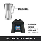 A stainless steel container and a black Xtreme Series Blender base with programmable digital controls are shown separately. Text highlights the 64 oz. stainless steel container and a 3.5 HP motor base with variable speed, timer, pulse, and 30,000 max RPM.
