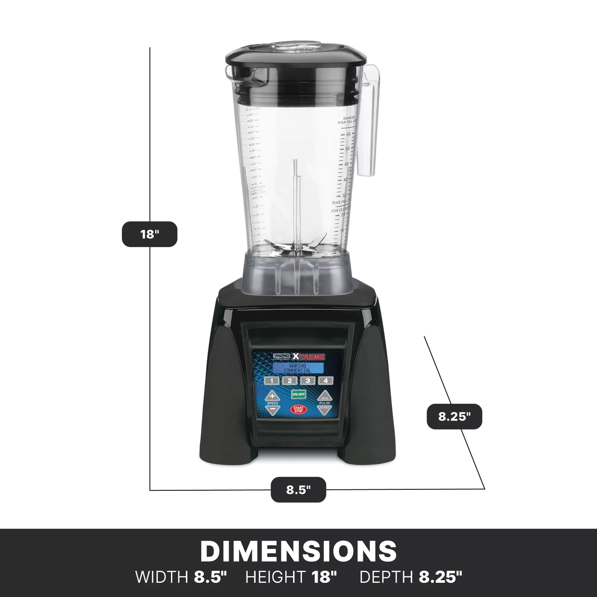 A black and clear Xtreme Series Blender sits upright with labeled measurements: height 18, width 8.5, depth 8.25. The programmable blender features a control panel with blue and red buttons and a display; “DIMENSIONS” and sizes are shown below.