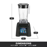 A black and clear Xtreme Series Blender sits upright with labeled measurements: height 18, width 8.5, depth 8.25. The programmable blender features a control panel with blue and red buttons and a display; “DIMENSIONS” and sizes are shown below.