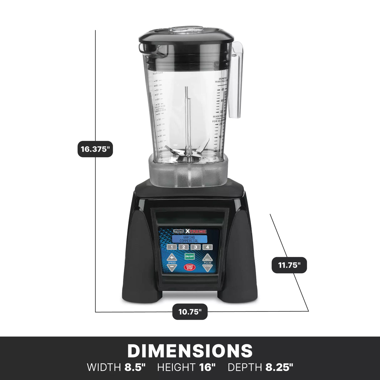 A black and clear Xtreme Series Blender with measurement markings on the jar. Dimensions include a 16.37" height, 10.75" base width, and 11.75" base depth—perfect for those seeking a powerful, programmable blender for any kitchen task.