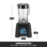 A black Xtreme Series Blender with a clear pitcher is shown, featuring labeled dimensions: height 16.37, depth 11.75, width 10.75. Below, text on a black background states: DIMENSIONS: WIDTH 8.5 HEIGHT 16 DEPTH 8.25.