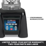 Close-up of an Xtreme Series Blender base with a digital control panel showing buttons labeled 1 to 4, speed, pulse, start/stop, and on/off. Text points to 4 Programmable Beverage Stations. Includes a limited three-year motor warranty.