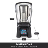 A high-power blender with a sound enclosure is shown front-facing. Measurements are marked: height 21.25, width 9, depth 9.5. The control panel features multiple buttons and a digital display. Dimensions are listed at the bottom.