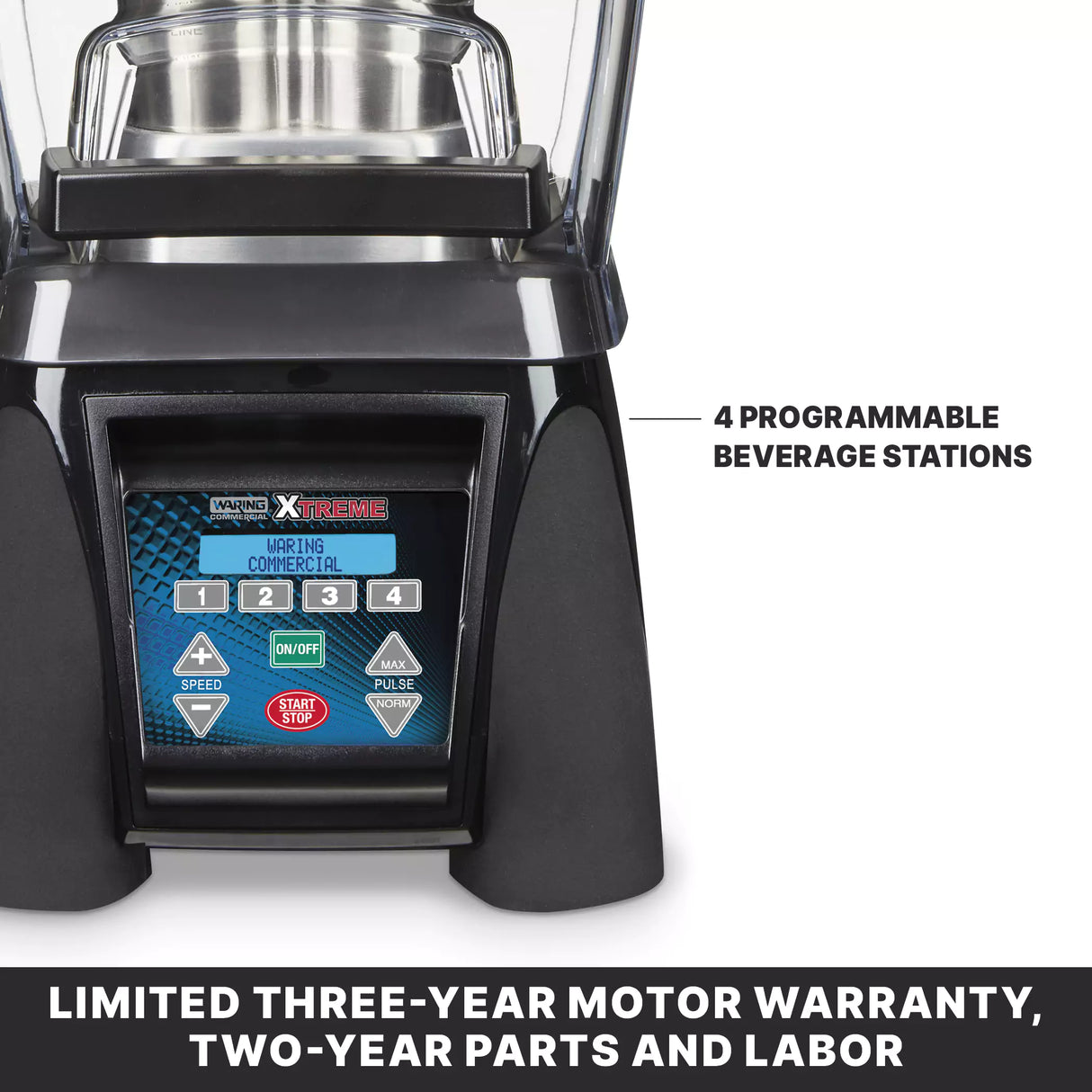 Close-up of a high-power blender’s control panel with four programmable beverage station buttons, speed, pulse, on/off, and start/stop. Text at the bottom highlights warranty and parts coverage. Shown with a durable stainless steel container.