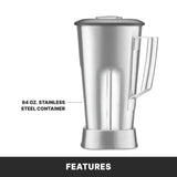 A tall, cylindrical stainless steel container with a handle and lid is shown upright. Text points to it reading 64 oz. stainless steel container, perfect for your high-power blender. The background is white, with a black FEATURES bar below.