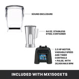 A labeled diagram of this high-power blender shows a clear sound enclosure, a 64 oz. stainless steel container, and a base with digital controls labeled 3.5 HP motor, variable speed/timer, pulse, and 30,000 max RPM. Included with MX1500XTS.