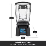 Front view of the Xtreme Series Blender with a clear sound enclosure. Dimensions: height 21.25", width 9", depth 9.5". Features a control panel with blue buttons and measurement markings on the jar.