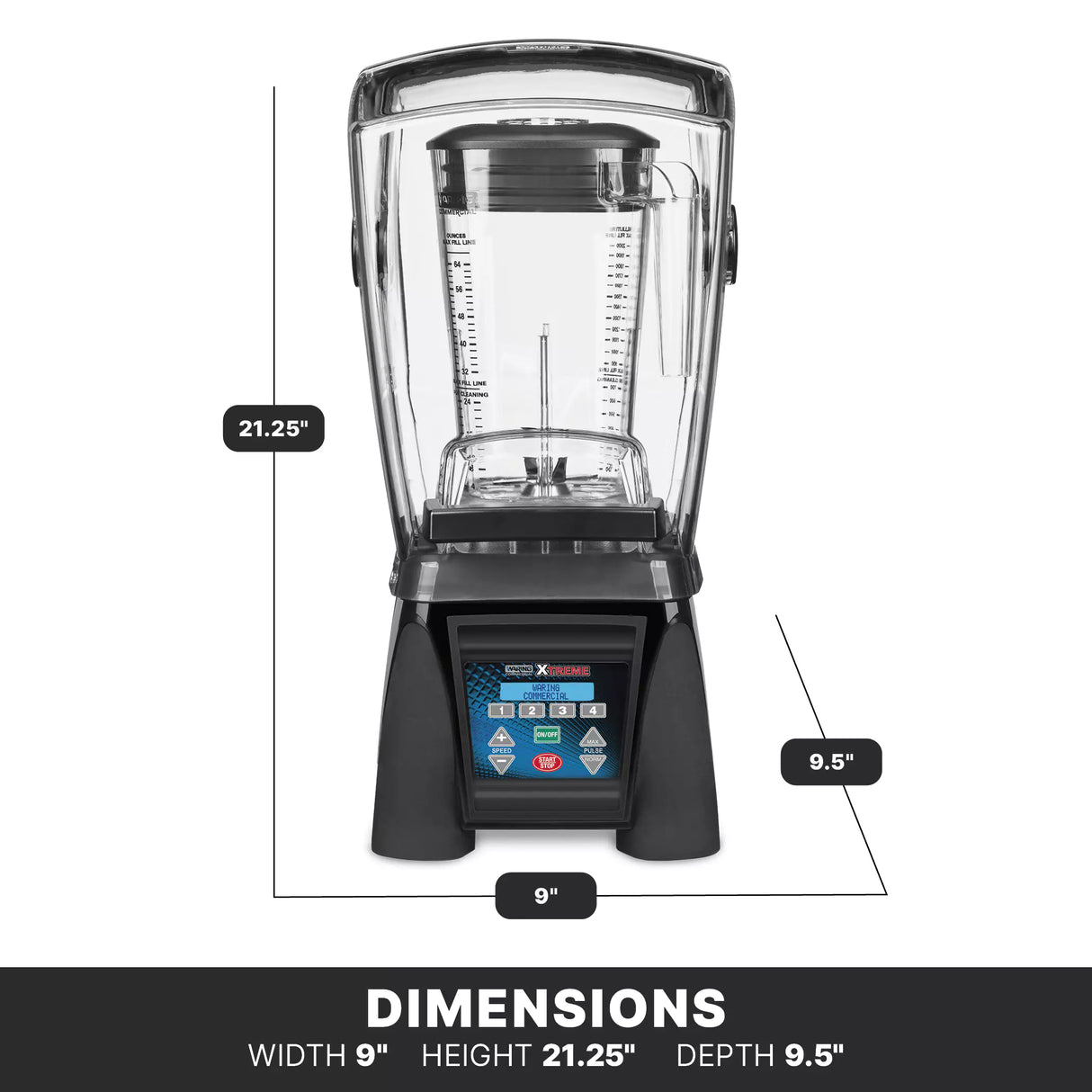 Front view of the Xtreme Series Blender with a clear sound enclosure. Measuring 21.25" tall, 9" wide, and 9.5" deep, this programmable blender features a black base with digital controls and measurement markings on the container.