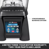 Close-up of the Xtreme Series Blender base with a digital control panel showing buttons labeled 1–4 for programmable beverage stations, speed, start/stop, and pulse. Text highlights 4 programmable stations and a three-year motor warranty.