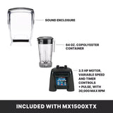 Image showing three Xtreme Series Blender parts: a clear sound enclosure at the top, a 64 oz. copolyester pitcher in the middle, and a black programmable blender base with controls at the bottom. Text reads, “INCLUDED WITH MX1500XTX.”.