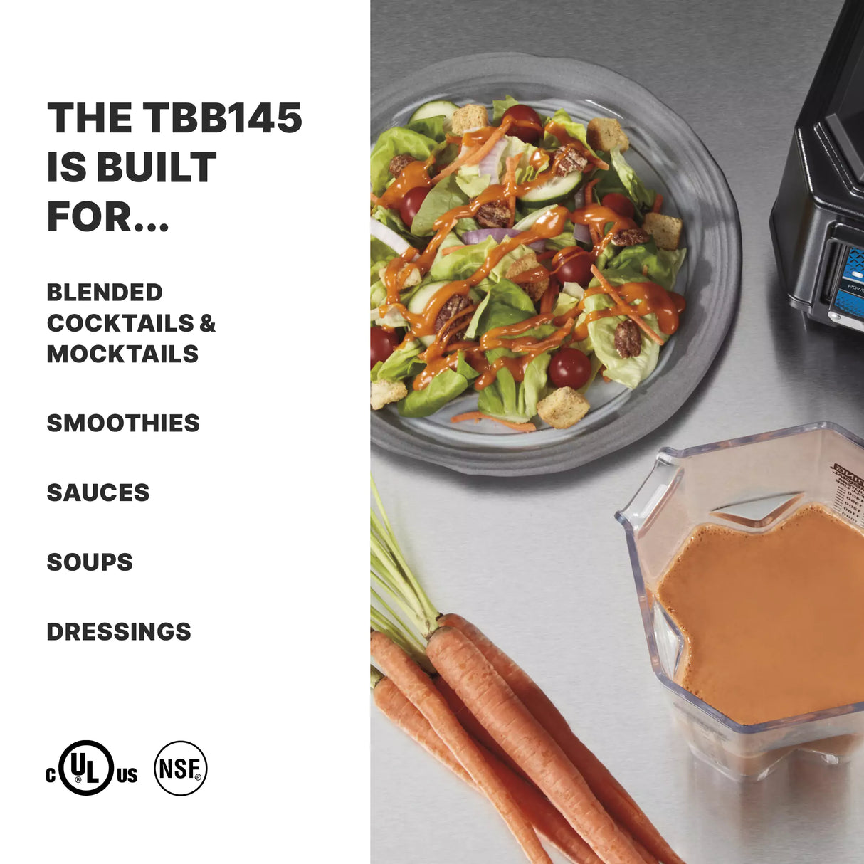 A promotional image for the TORQ 2.0 Series Blender features a salad on a gray plate, orange dressing in a copolyester container, fresh carrots, and a partial blender. Text lists uses: blended cocktails, mocktails, smoothies, sauces, soups, and dressings.