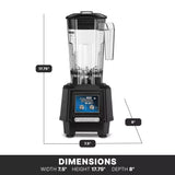 A black TORQ 2.0 Series Blender with a clear copolyester container sits on a base featuring a digital control panel. Arrows indicate its height (17.75), width (7.5), and depth (8). A black bar below lists these as “DIMENSIONS.”.