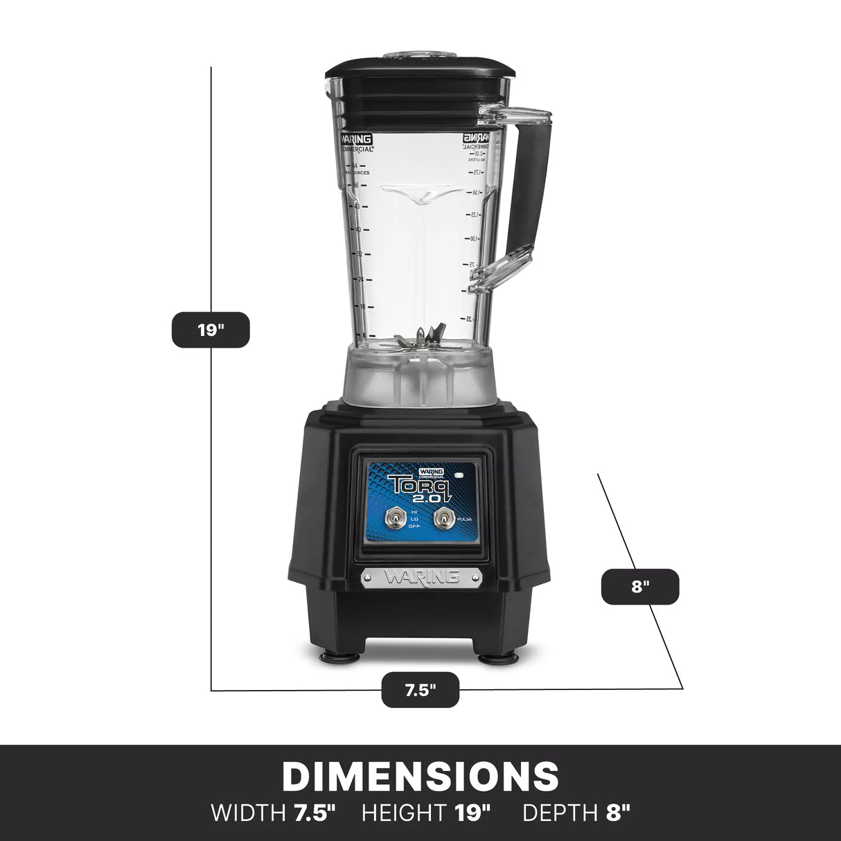 A black and clear 64 oz countertop blender is shown front-facing, with labeled dimensions: 19 inches tall, 7.5 inches wide, and 8 inches deep. The base features control buttons, a digital display, and TORQ 2.0 branding—ideal as a bar blender.