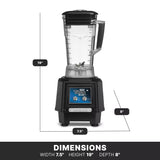 A black and clear 64 oz countertop blender is shown front-facing, with labeled dimensions: 19 inches tall, 7.5 inches wide, and 8 inches deep. The base features control buttons, a digital display, and TORQ 2.0 branding—ideal as a bar blender.