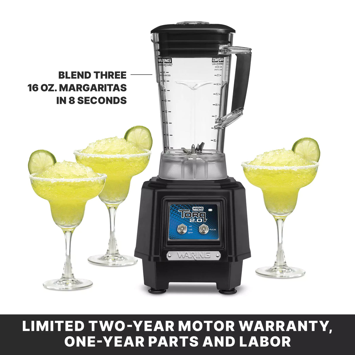 A black Waring 64 oz bar blender sits on a counter, filled with a yellow frozen drink. Surrounding it are three margarita glasses, each with a yellow frozen margarita and garnished with lime. Text highlights the blender’s speed and warranty details.