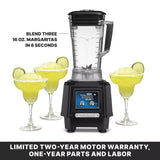 A black Waring 64 oz bar blender sits on a counter, filled with a yellow frozen drink. Surrounding it are three margarita glasses, each with a yellow frozen margarita and garnished with lime. Text highlights the blender’s speed and warranty details.