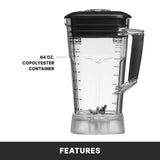 A clear 64 oz blender container with a black lid and handle is shown upright. Measurement markings are on the side, and metal blades sit at the bottom. Text points to the countertop blender, with FEATURES noted below.