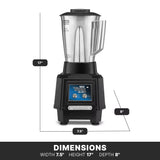 A stainless steel container with a handle sits on a black base. The front display reads TORQ 2.0 Series Blender. Lines indicate its dimensions: 17 inches tall, 8 inches deep, and 7.5 inches wide. A bold label at the bottom reads DIMENSIONS.
