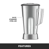 A large, metallic stainless steel container with a handle and lid is labeled 64 oz. TORQ 2.0 Series Blender jar. The jar stands upright on a white background, with a black strip at the bottom displaying FEATURES in bold white text.
