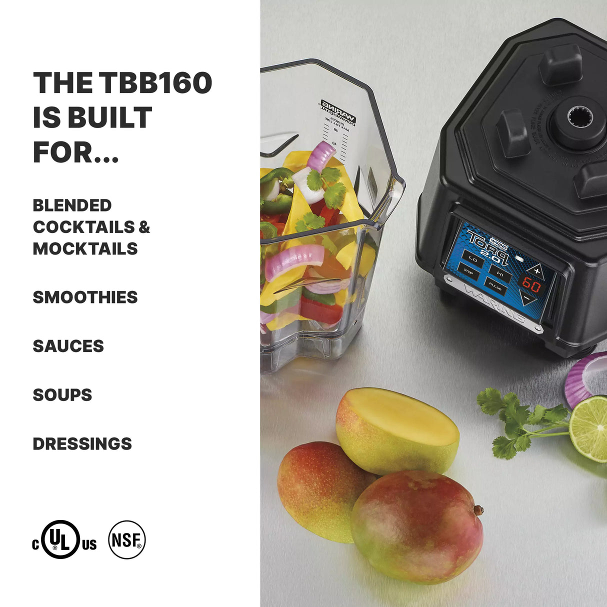 A TORQ 2.0 Series Blender base with digital controls sits on a gray surface beside a copolyester container filled with cut vegetables. On the right are fresh mangoes, cilantro, and lime. Text lists uses: cocktails, smoothies, sauces, and more.
