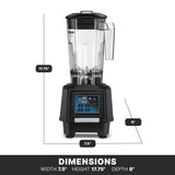 A black and transparent TORQ 2.0 Series Blender with a digital control panel sits upright, featuring a durable copolyester container. Dimensions are shown: height 17.75", width 7.5", depth 8". A black bar at the bottom highlights the size in bold white text.