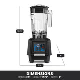 A black and clear Waring TORQ 2.0 Series Blender is shown with labeled dimensions: 17.75" tall, 7.5" wide, and 8" deep. It features a transparent copolyester container, black lid, handle, and a digital control panel on the base.