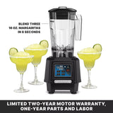 A TORQ 2.0 Series Blender with a clear copolyester container sits behind three margarita glasses, each filled with a yellow frozen drink and garnished with lime. Text above reads: Blend three 16 oz. margaritas in 8 seconds. Warranty info appears below.