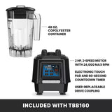 The TORQ 2.0 Series Blender features a clear 48 oz. copolyester container and black base with an electronic touch pad, 60-second countdown timer, display, powerful 2 HP motor up to 24,000 RPM, and user-replaceable drive coupling—ideal for international use.