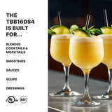 Three frosty yellow cocktails garnished with lime and mint are served in stemmed glasses with black straws. Bold text notes the TBB160S4 TORQ 2.0 Series Blender, featuring a stainless steel container, is ideal for cocktails, smoothies, and more.