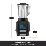 A TORQ 2.0 Series Blender with a stainless steel container and digital control panel sits on a black base. Measurements are shown: height 17 inches, width 7.5 inches, depth 8 inches. Text below reads: DIMENSIONS: WIDTH 7.5 HEIGHT 17 DEPTH 8.
