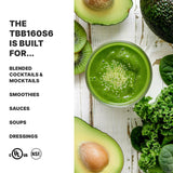 A glass of green smoothie sits on a white wooden surface, surrounded by fresh avocado halves, kale, and kiwi. On the left, bold text reads: The TORQ 2.0 Series Blender with stainless steel container is built for blended cocktails & mocktails, smoothies, sauces, soups, dressings.