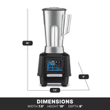 A TORQ 2.0 Series Blender with a stainless steel container sits on a black base featuring a digital control panel. The blender’s dimensions—19 tall, 7.5 wide, and 8 deep—are highlighted in a black box at the bottom.