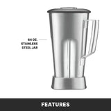 A large, metallic stainless steel container with a handle and lid, labeled “64 oz. Stainless Steel Jar,” stands upright on a white background. Below, a black bar displays “FEATURES” in bold white letters for TORQ 2.0 Series Blender international use.
