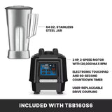 A stainless steel container labeled 64 oz. is shown above a black TORQ 2.0 Series Blender base with an electronic touchpad, 2 HP motor (24,000 max RPM), user-replaceable drive coupling, and a 60-second timer—ideal for international use.
