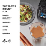 A gray table displays a plate of salad, a TORQ 2.0 Series Blender with a copolyester container filled with orange liquid, and raw carrots. Text on the left lists uses: cocktails, smoothies, sauces, soups, and dressings. Certification logos are at the bottom.