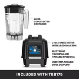 Image shows a clear 48 oz. copolyester container with handle and a separate black base from the TORQ 2.0 Series Blender, featuring an electronic touchpad, variable speed dial, 2 HP motor up to 24,000 RPM, and user-replaceable drive coupling. Included with TBB175.