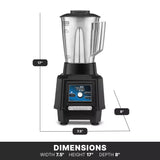 A TORQ 2.0 Series Blender with a stainless steel container and handle sits on a black base featuring blue controls. Lines and measurements indicate its dimensions: 17 inches tall, 7.5 inches wide, and 8 inches deep. DIMENSIONS is bolded at the bottom.