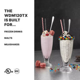 Two tall milkshakes sit on a metal counter, whipped up with a single spindle Drink Mixer. One is pink with macarons, the other cookies and cream with M&M’s. Whipped cream and garnishes top both. Text lists: “Frozen Drinks, Malts, Milkshakes.”.