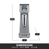 A gray Single-Spindle Drink Mixer with a stainless steel cup is shown front-facing. The machine’s width is 7 inches, height is 19.75 inches, and depth is 8 inches. Blue digital display and buttons are visible at the top; dimensions are labeled.