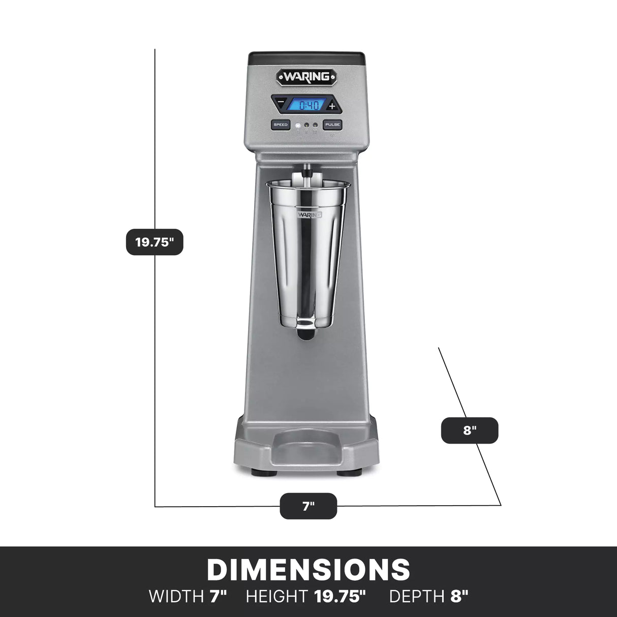 A front-facing, silver and gray Waring WDM120TX Drink Mixer stands on a white background. Its dimensions are labeled: height 19.75 inches, width 7 inches, and depth 8 inches. This single spindle model features a metal mixing cup below a digital control panel.