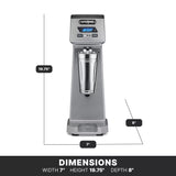 A front-facing, silver and gray Waring WDM120TX Drink Mixer stands on a white background. Its dimensions are labeled: height 19.75 inches, width 7 inches, and depth 8 inches. This single spindle model features a metal mixing cup below a digital control panel.