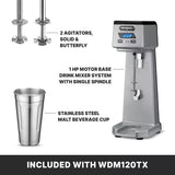 The Waring WDM120TX Drink Mixer features two agitators, a powerful 1 HP mixer base, single spindle design, and a stainless steel malt cup—all displayed with a digital interface. Banner says "Included with WDM120TX.